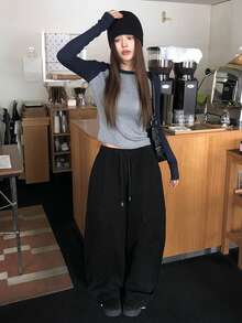 Korean Style Fashion Versatile Slimming Round Neck Contrast Color Raglan Sleeve Ribbed Knit Sweater - Grey - View 6