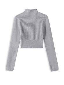 Sweater Rajut Bergaris Leher Tinggi Lengan Panjang Wanita, Bahan Lembut dan Elastis Sedang, Cocok untuk Musim Gugur - Grey - View 4