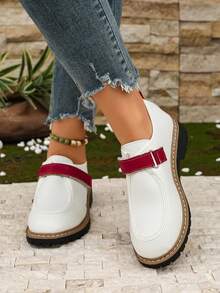 1 Pair Vintage Colorblock Hook & Loop Loafers For Women, Spring/Autumn New Round Toe Versatile Casual Commute Leather Shoes - White - View 5