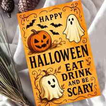 1 Grußkarte + 1 Umschlag Gruselige Halloween Grußkarte, Kürbis und Geist Design "Essen, Trinken und Gruselig sein", perfekt für Freunde, Halloween Festlicher Vintage Stil. - Übersicht 1
