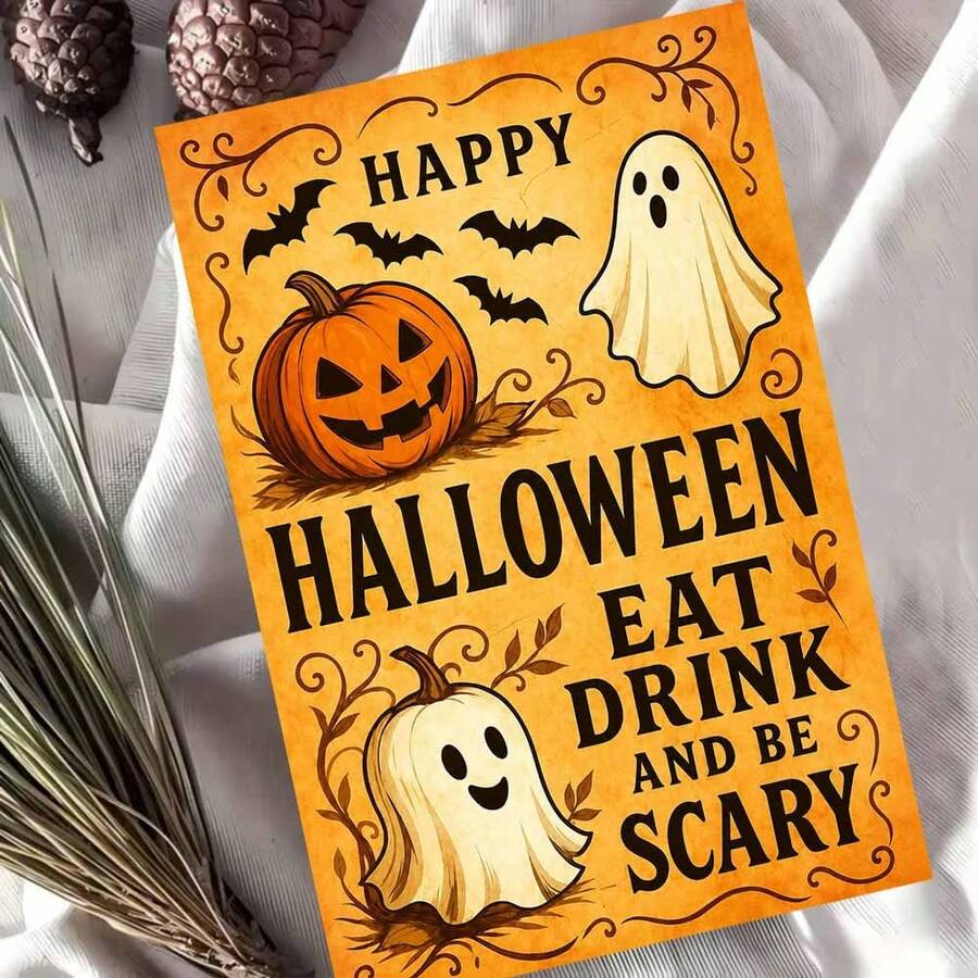 1 Grußkarte + 1 Umschlag Gruselige Halloween Grußkarte, Kürbis und Geist Design "Essen, Trinken und Gruselig sein", perfekt für Freunde, Halloween Festlicher Vintage Stil. - Übersicht 1