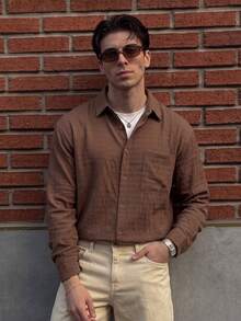 Lookun Men's Textured Crinkle Long Sleeve Polo Shirt, Loose Fit Vintage Solid Color Single Pocket Casual Shirt, Spring/Autumn Layering Versatile Long Sleeve - Brown - View 4