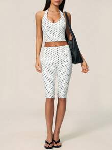 TimeOff Women's One Set Polka Dot Halter V-Neck Backless Tank Top & Bermuda Shorts Sports Set - White - View 8