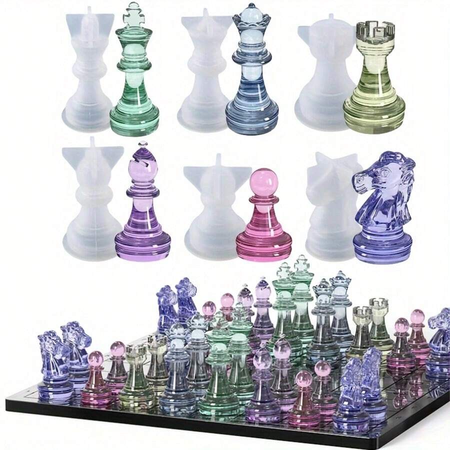 7pcs Resin Casting Chess Mold Set, Crystal Epoxy DIY 3D Chess Pieces, 3D Chessboard Silicone Mold, DIY Chess Game, Suitable For Western Chess, Tabletop Games, DIY Crafts And Board Game Accessories