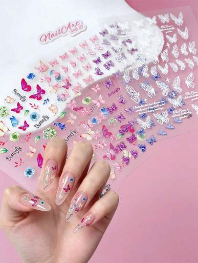 2 piezas de pegatinas de uñas con relieve 5D, uñas, decoración DIY, con mariposas de colores rosa, púrpura, azul, blanco y patrones de hortensias verdes, adecuadas para crear arte de uñas de estilo bosque de primavera y verano y estilo francés suave