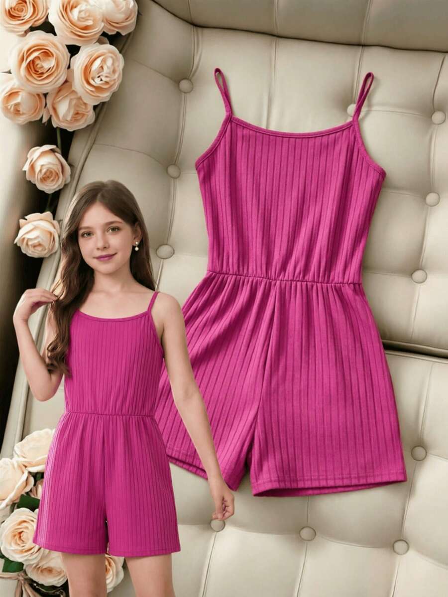 Teen Girl Solid Color Spaghetti Strap Jumpsuit In Ribbed Fabric - Hot Pink - View 1