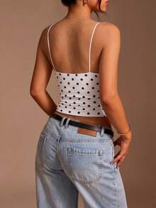 Atasan Camisole Jala Polkadot Elastis Tinggi - Putih - View 5
