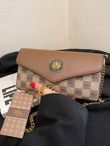 Check Monogram 信封式鏈條斜挎包 太陽轉鎖棕色 PU 翻蓋編織金鏈小手拿肩背包 復古約會風 - 卡其色 - 查看 3
