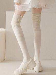 1 Pair Women's Autumn/Winter Warm Over-The-Knee Socks, Boot Socks, Long Tube Socks - White - View 2