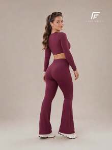 Plain Zero-Transparency Polyamide Flare Long Sleeve Fitness Gym Set - Burdeos - Ver 3