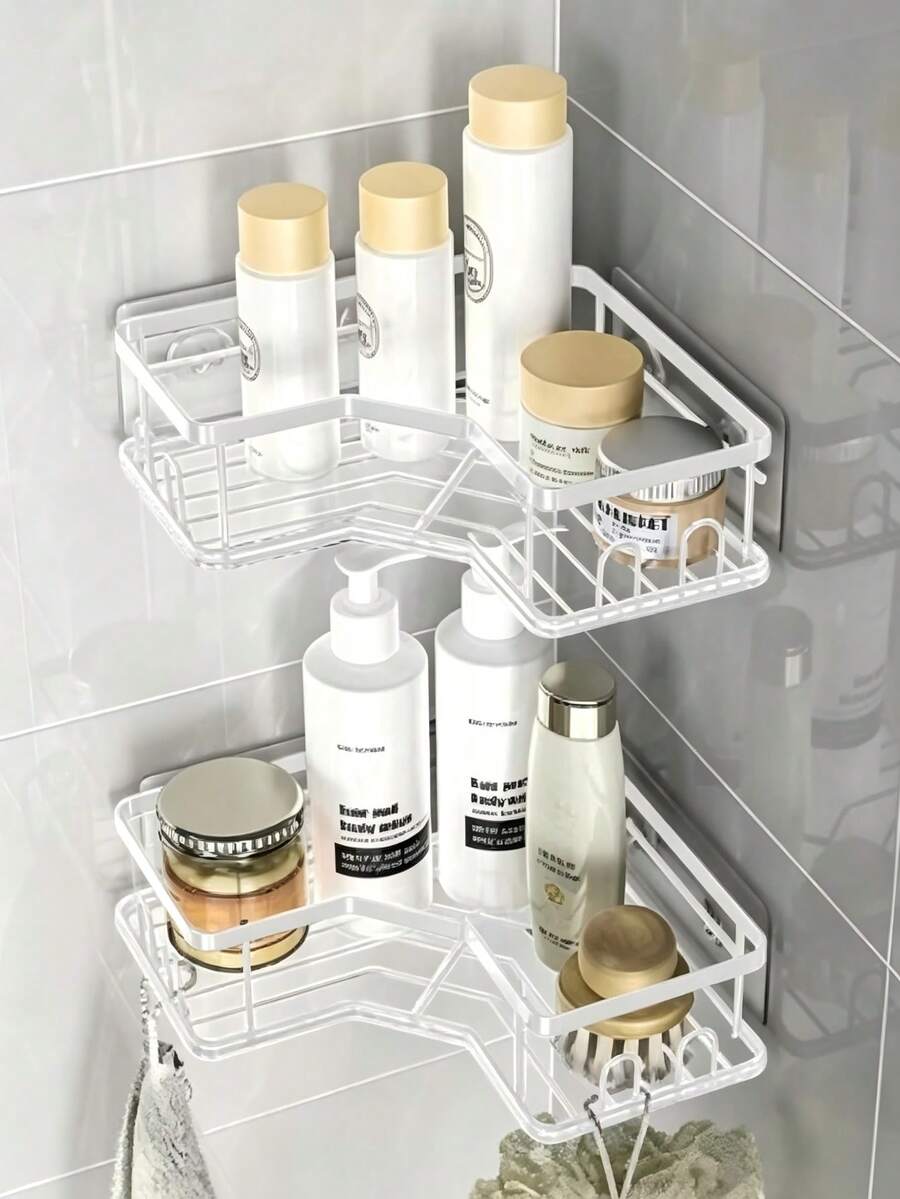 Minimalist Corner Storage Basket, Comes With Traceless Adhesive Hooks, Hollow Wrought Iron For Easy Cleaning, Right-Angle Fits Wall Without Taking Space, Corner Storage Rack, Suitable For Toiletries In Bathroom, Seasonings In Kitchen And Beauty Sundr - Multicolor - View 1