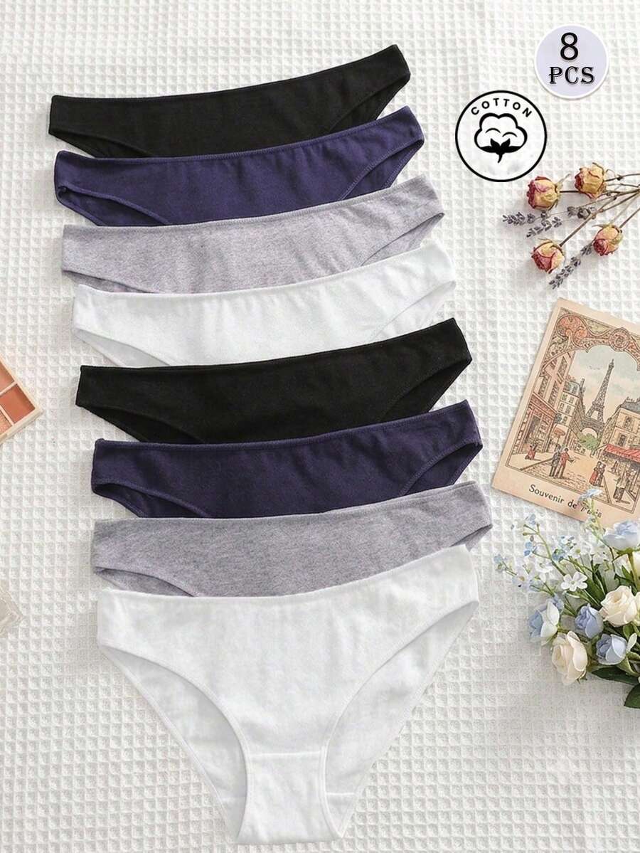 8pcs Basic Pure Cotton Women's Panties, Soft Solid Color, Sports Style, Suitable For All Seasons - Multicolor - View 1