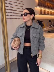 Casual Lapel Zip-Up Short Wool Blend Jacket - Grey - View 5