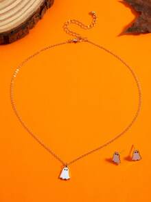 3pcs/Set Exquisite Cute White Little Ghost Earrings, Necklace Set, Halloween Jewelry Set - Multicolor - View 4