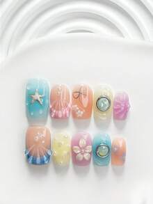 10片夏季風格手工穿戴式美甲，Polygel美甲套組，星星、花朵、蝴蝶結、貝殼碎片，藍色、黃色、紫色指甲油，清新風格，含美甲工具，3種尺寸可選，方形、短方形、杏仁形，適合派對、跳舞、日常配戴 - 彩色 - 查看 4