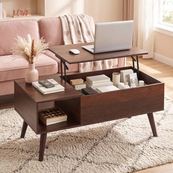 39" Lift Top Coffee Table With Hidden Storage Compartment & Open Shelf, Rustic Farmhouse Wood Coffee Table With Storage For Living Room, Home Office & Small Apartment