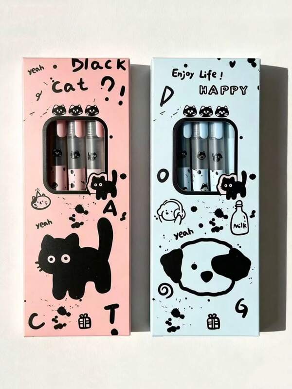 8 Pcs Black Cat And Puppy Straight Liquid, Gel Pens, Black Ink, Exam Pens, Office Essentials, Quick-Drying, School And Office Supplies, Back-To-School Season, Reward Stationery, Valentine'S Day Gift Choice