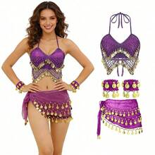 Exotic Themed Party Dangling Coin Sequin Bra Top With Fringe Hip Scarf And Cuffs For Costume Cosplay And Festival Parade - Multicolor - View 12