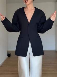 Women's Elegant Casual Long Sleeve V-Neck Cinched Waist Button-Front Blazer, Solid Color With Pockets, Suitable For Daily, Office, Dating - Black - View 4