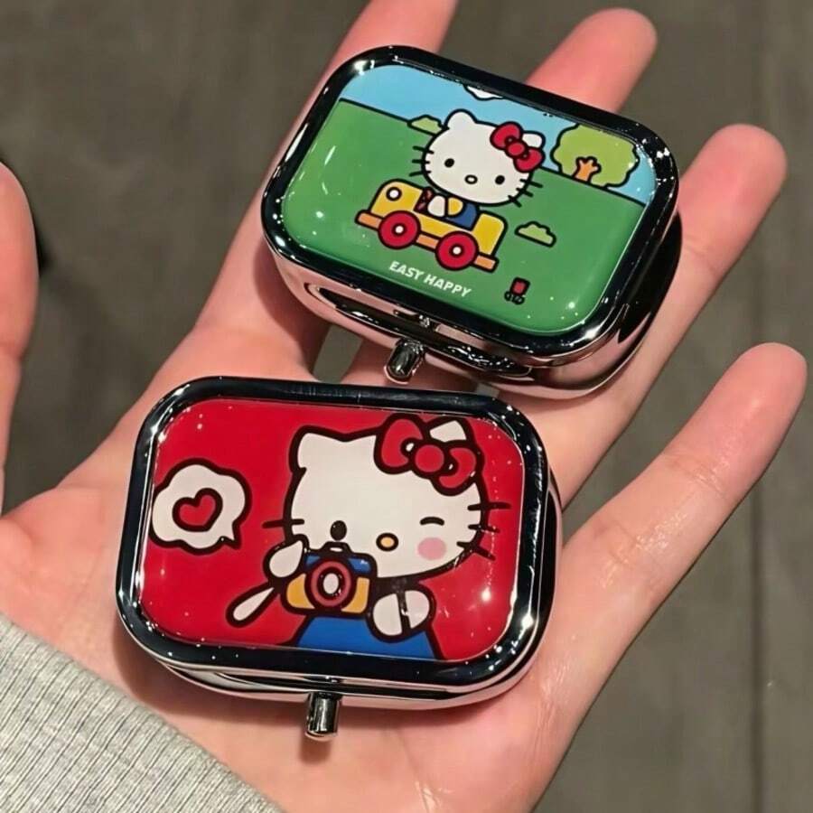 1 buah Kotak Penyimpanan Logam Sanrio Hello Kitty, Kotak Obat Sekat, Kotak Perhiasan Mini Kartun Lucu, Wadah Penyimpanan Kawaii - Satu ukuran cocok untuk semua. - View 1