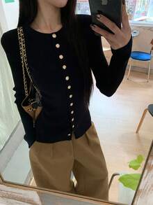 Women's Knitted Cardigan Korean Style Spring Top Outerwear Black Unique Beautiful Youthful Cardigan - Black - View 3