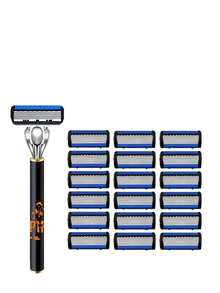 1 Handle+18Pcs Replaceable Blade Men Manual Safety Razor,Street Graffiti Orange Letter Print Non-Slip Shaver,6-Layer Stainless Steel Blades,Lubricating Strip Smooth Shaving For Beard Face Travel Men Grooming Tool - A - View 9