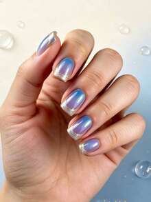 24pcs Short Purple-Blue Gradient Minimalist French Glitter Square Nails + 1pc Jelly Glue + 1pc Nail File - 彩色 - 查看 2
