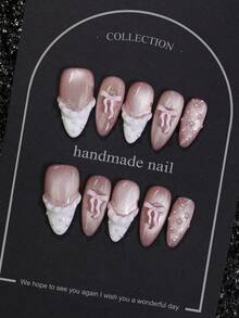 10 piezas de uñas postizas de almendra con ojo de gato rosa dulce, hechas a mano, con lazo 3D y patrón de encaje de perlas, punta francesa blanca, reutilizables, para DIY, citas, uso diario, belleza de uñas, regalo para mujeres - Rosa - Ver 1