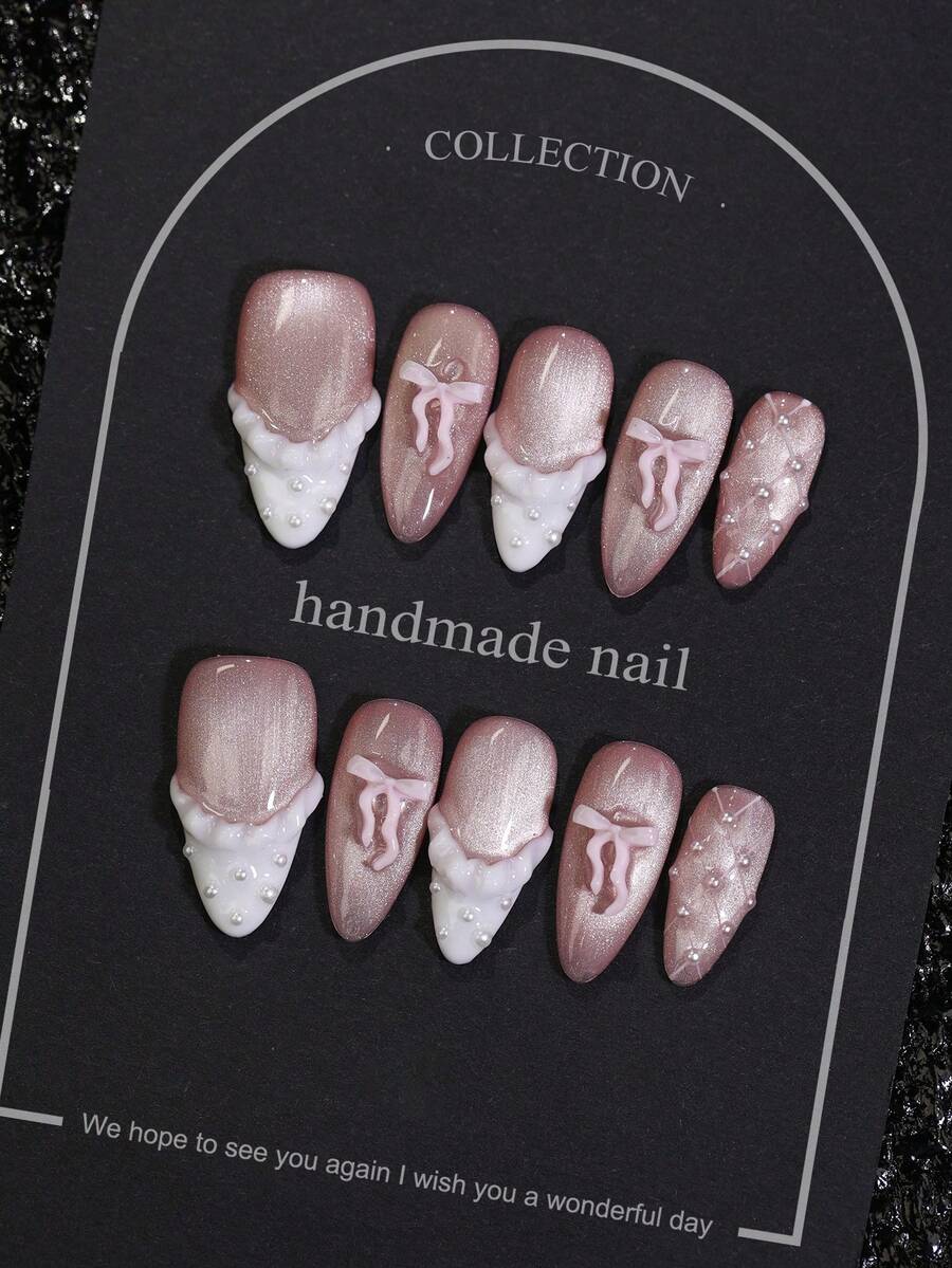 10 piezas de uñas postizas de almendra con ojo de gato rosa dulce, hechas a mano, con lazo 3D y patrón de encaje de perlas, punta francesa blanca, reutilizables, para DIY, citas, uso diario, belleza de uñas, regalo para mujeres - Rosa - Ver 1