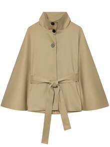 Women's Elegant Solid Color Stand Collar Belted Short Cape Jacket, Solid Color Belt, Front Button Closure, Suitable For Daily Wear - Khaki - View 4
