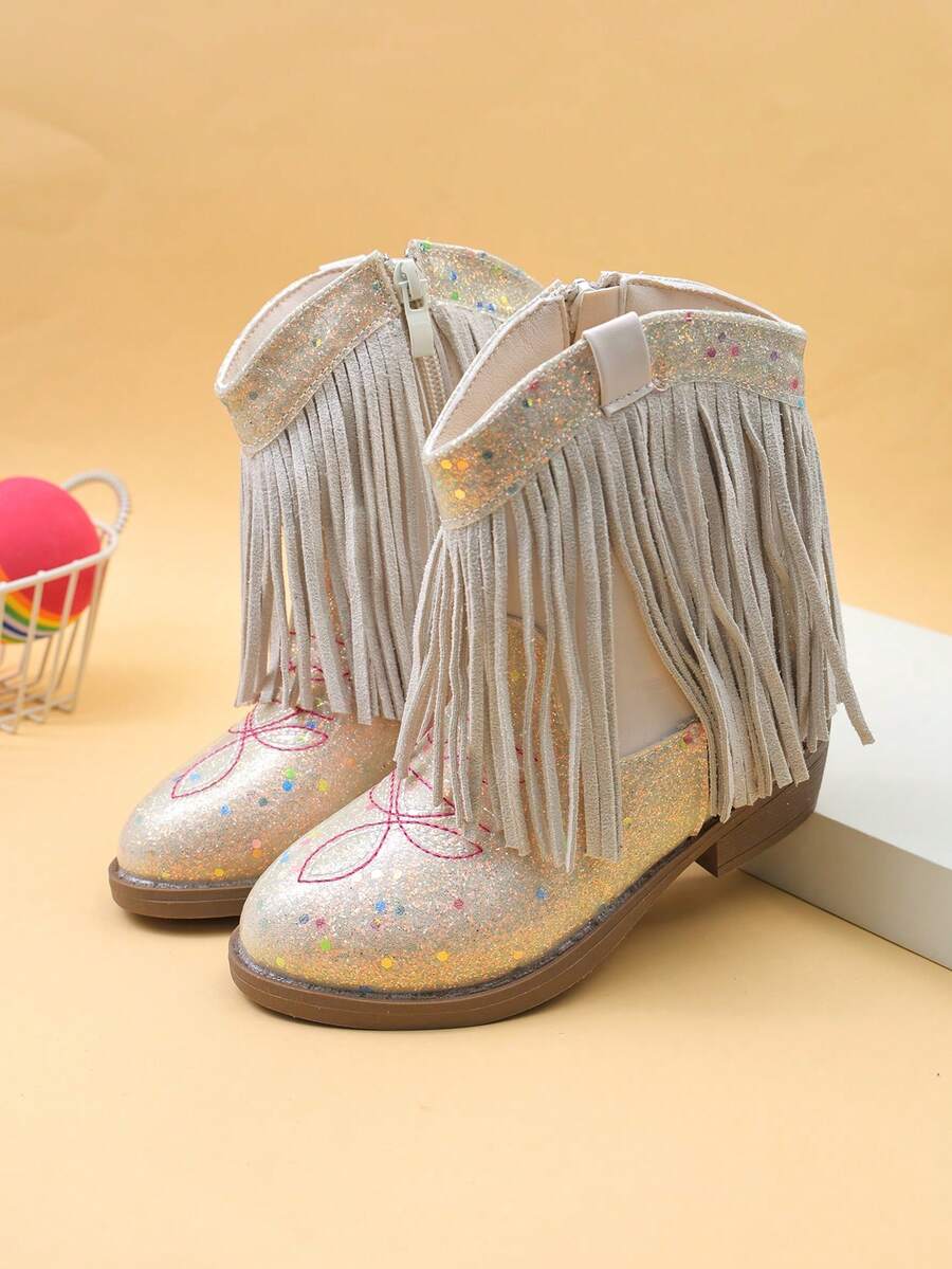 Girls' Kids' Short Mid-Calf Boots, Glitter Embroidered Tassel High Heel Western Boots, Color Block Round Toe Side Zipper - Beige - View 1
