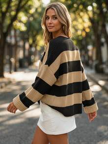 Women's Ribbed Knit Striped Loose Pullover Sweater, 3/4 Sleeve Regular Knit Top, Autumn Essential - Black and Khaki - View 4