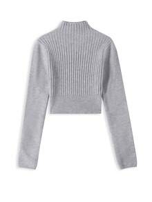 Sweater Rajut Bergaris Leher Tinggi Lengan Panjang Wanita, Bahan Lembut dan Elastis Sedang, Cocok untuk Musim Gugur - Grey - View 3
