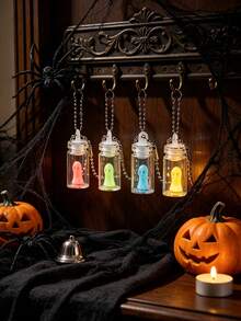 8pcs/Set Halloween Glass Bottle Ghost Keychain, Glowing Little Ghost Pendant, Cute Halloween Bag Charm Key Ring, Spooky Party Decoration Accessory - A - View 9