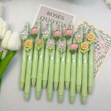 5pcs/Set Retractable Ballpoint Pens, Random Floral Pen Tips, Smooth Writing Neutral Ink Pens, Suitable For Students, Exams, Office And Daily Use, Stationery (Black) - Multiple Styles - View 5