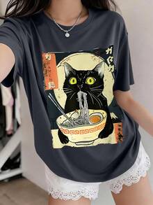 Camiseta de Manga Curta com Estampa de Gato de Desenho Animado e Ramen para Adolescentes, Top Oversized de Verão com Gola Redonda para Adolescentes - Chumbo - Visão 1