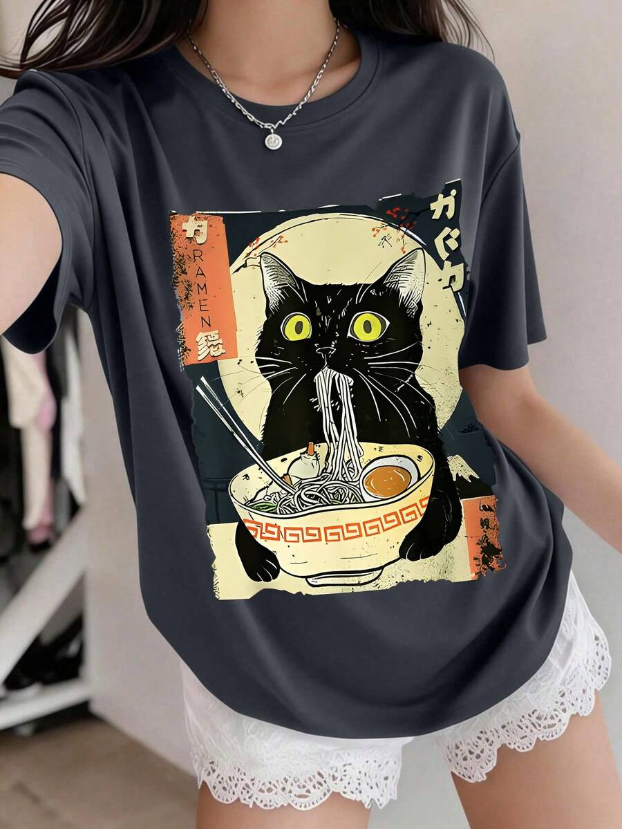Camiseta de Manga Curta com Estampa de Gato de Desenho Animado e Ramen para Adolescentes, Top Oversized de Verão com Gola Redonda para Adolescentes - Chumbo - Visão 1