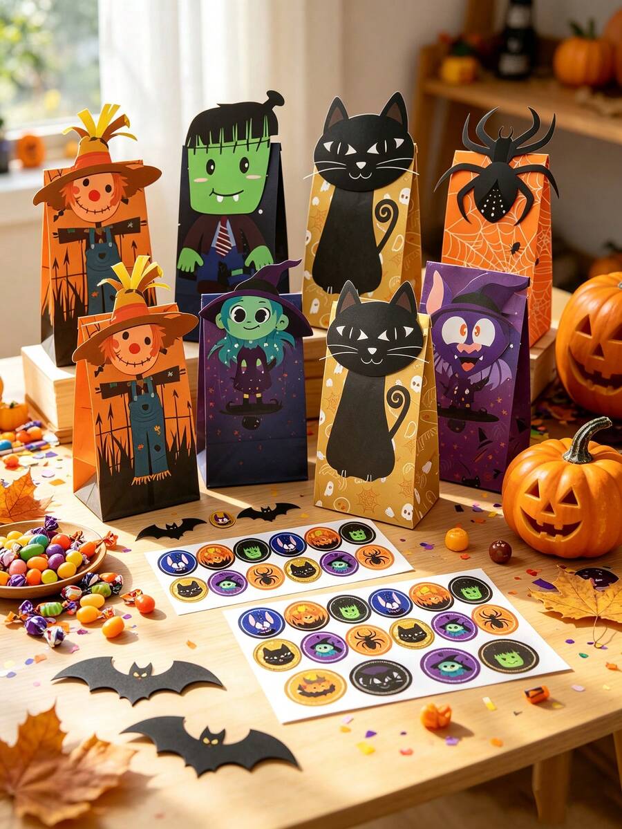 26/13pcs Halloween-Themed Party Wrapping Paper Bags, Halloween Witch, Spider, Scarecrow Pattern Gift Wrapping Bags With Stickers, Trick-Or-Treating Gift Wrapping, Holiday Gift Wrapping, Suitable For Halloween Party Decorations, Home Baking Packaging. - View 1