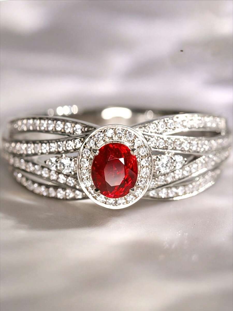 Vanel 1 pieza Anillo de lujo estilo vintage con 4 capas entrelazadas y retorcidas, piedra principal roja, adecuado para fiesta de noche, boda, reunión anual, llamativo y de alta gama bajo la iluminación - Plateado - Ver 1