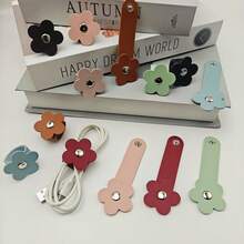 4pcs. Color Random Set Flower Shaped PU Leather Material Data Cable, Ear Line Storage Buckle - Flower, Random Color - View 4