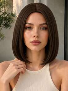 Women's 12 Inch Dark Brown Middle Part Bob Wig, Elegant Short Hair Wig, Suitable For Office, Daily And Party Looks - Dark Brown - View 3