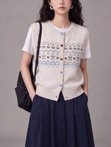 Women's Autumn Casual Minimalist Multi-Color Button Design Round Neck Cardigan Vest - Apricot - View 1