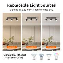CANMEIJIA 1pc Long Track GU10 Ceiling Spotlight, Black/White, 3-Head, Rotatable Lamp Head, Adjustable Angle, No Light Source, For Living Room, Bedroom, Hallway, Store Lighting - GU10 Ceiling Spotlight 3-head - View 4