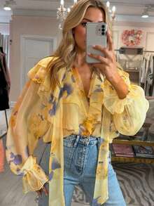 Ruffle Ditsy Floral Romantic Blouse, Layered Ruffle Casual Floral Shirt, Plus Size Women's Blouse For All Seasons Vacation - Yellow - View 1
