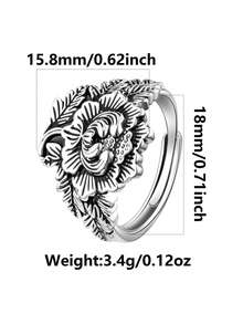 1pc 925 Sterling Silver Vintage Leaf Pattern Personalized Fashion Adjustable Ring, Suitable For Everyday Casual Wear, Gift For Family And Friends On Holidays And Birthdays - Antique Silver - View 3