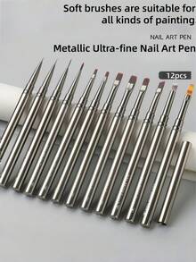 Pincel de Arte de Unhas com Cabo de Metal, 1 peça/2 peças/12 peças, Pincel de Linha para Linhas Longas, Detalhes, Pintura Fina e Aplicação de Cor Suave, Tamanho Conforme Mostrado, Pincel de Arte de Unhas em Gel - Multicolorido - Visão 1