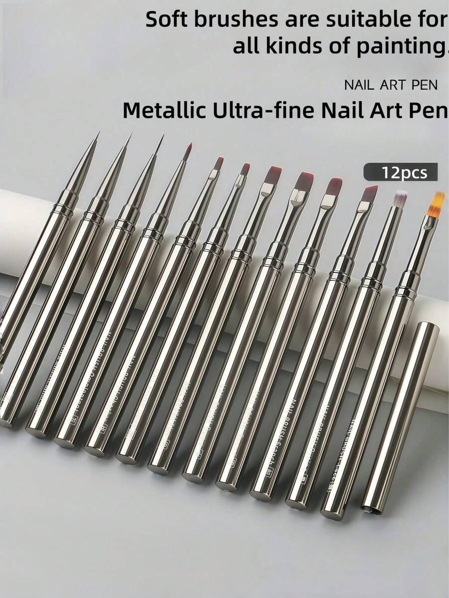 Pincel de Arte de Unhas com Cabo de Metal, 1 peça/2 peças/12 peças, Pincel de Linha para Linhas Longas, Detalhes, Pintura Fina e Aplicação de Cor Suave, Tamanho Conforme Mostrado, Pincel de Arte de Unhas em Gel - Multicolorido - Visão 1