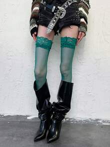 STAR RIVER 1 Pair Vintage Green Y2K Lace Over-The-Knee Stockings, Sexy Punk Subculture Style, Back To School Halloween - Multicolor - View 5
