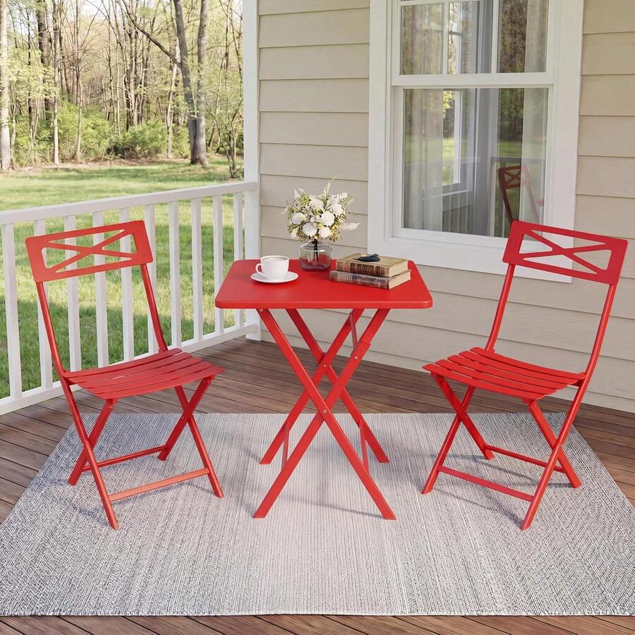 GOCAPTAIN Foldable & Weather-Resistant | 3-Piece Small Dining Table Patio Furniture - Square Iron Table And 2 Chairs - Compact Outdoor/Indoor Garden Dining Set - Space-Saving, Durable, Easy To Store - Red - View 1