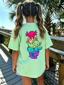 Kaos Anak Perempuan Remaja Motif Kartun Salamander Warna-warni Lucu, Cocok untuk Liburan Kasual Musim Panas - Mint Green - View 7